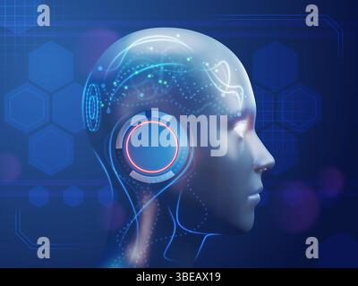Neuronales Netzwerk imitiert den menschlichen Geist. Digitale Illustration, 3D-Rendering. Stockfoto