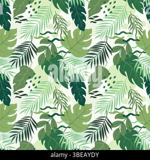 Tropische Blätter im Sommer nahtlos. Exotisches Dschungelmuster mit Palmenblättern, Monstera, Farn, Bananenblättern für Stoffe, Druck, Grußkarten Stock Vektor