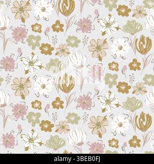 Hintergrund mit Blumenmuster und Wiesenblumen. Dicht grüner Hintergrund und cremefarbene Blumensträuße auf hellgrauem Grau Stock Vektor