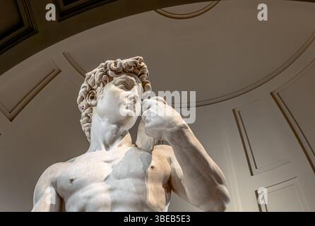 Michelangelos David, ein Meisterwerk italienischer Renaissance-Skulptur aus Marmor, ausgestellt in der Galleria dell’Accademia di Firenze, Florenz, Italien Stockfoto