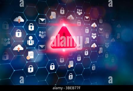 Hacker kontrollieren und Ihr Mobiltelefon ausspionieren. Symbol der Vorsicht bei der Verwendung von Handys.Alert E-Mail-Posteingang und Spam-Virus mit Warnung Vorsicht für Stockfoto