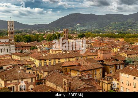Dächer und Gebäude der Stadt Lucca, von der Spitze des Guinigi-Turms aus gesehen, Lucca, Toskana, Italien Stockfoto