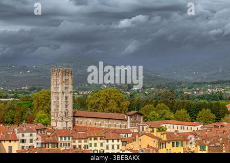 Dächer und Gebäude der Stadt Lucca, von der Spitze des Guinigi-Turms aus gesehen, Lucca, Toskana, Italien Stockfoto