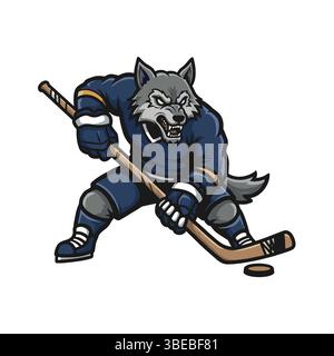 Wolf Eishockey Maskottchen Logo. Cartoon Maskottchen für das Sportteam Stock Vektor