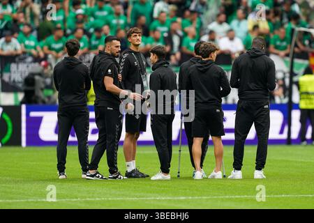 Breslau, Polen. Mai 2025. Real Betis FC trifft am 28. Mai 2025 im Stadion Wrocław vor dem Finale der Real Betis V Chelsea UEFA Conference League im Stadion Wrocław, Wroclaw (Polen) ein. Credit: Alex Young/Every Second Media Credit: Every Second Media/Alamy Live News Stockfoto