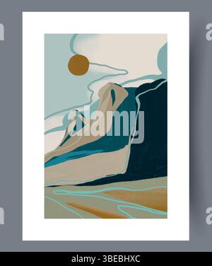 Eine abstrakte Berglandschaft mit Sonnenillustration, die einen zeitgenössischen künstlerischen Stil verkörpert Stock Vektor