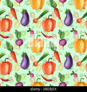 Nahtloses Aquarellmuster mit Gemüse. Illustration Pfeffer, Auberginen, Tomaten, Karotten, handgezeichnet. Vegetarische Diätkost mit Vitaminen Stockfoto