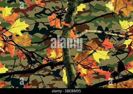 Ein Tarnmuster von Eichenästen und Blättern. Nahtloses WaldCamo mit echtem Baumdesign für Militär und Jagd Stock Vektor