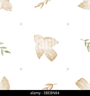 Muster beiger Vogel, grüne Blätter, Zweige. Aquarellillustration handgezeichnet im Kinderstil. Nahtloser Druck auf isoliertem Hintergrund für Textilien Stockfoto