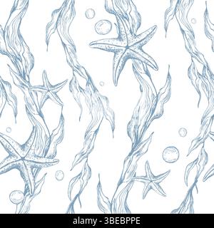 Unterwasserwelt Clipart mit Meerestieren, Blasen, Seesternen und Algen. Grafische Abbildung, handgezeichnet mit blauer Tinte. Nahtloser Muster-EPS-Vektor Stock Vektor