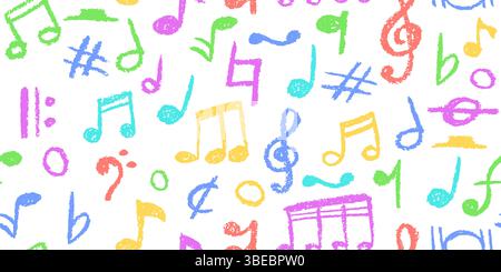 Nahtloses Muster von Holzkohle-Scribble-Musiknoten. Vektor-Illustration einer niedlichen kindlichen Musikschule Pastellfarben oder Wachsbleistiftschilder. Handschriftlich Stock Vektor