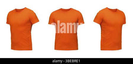 Orangefarbenes ärmelloses T-Shirt. t-Shirt Vorderansicht drei Positionen auf weißem Hintergrund Stockfoto