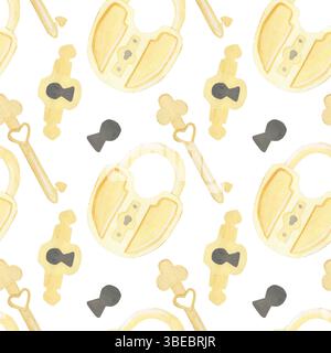 Wasserfarben im Märchenstil, handgezeichnetes nahtloses Muster aus goldenen Schlössern, Schlüsseln und Schlüssellöchern. Auf weißem Hintergrund. Perfekt für Textilien für Kinder Stockfoto