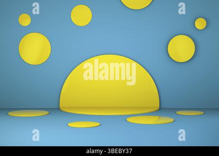Gelber Tisch mit blauem Hintergrund. Ort für Produkte. Kreissockel. Hochwertige 3D-Illustration Stockfoto