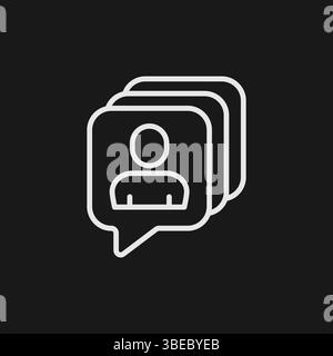 Minimalistisches weißes Umrisssymbol mit mehreren Sprechblasen mit User Silhouette auf schwarzem Hintergrund für Kommentare und Feedback Stock Vektor