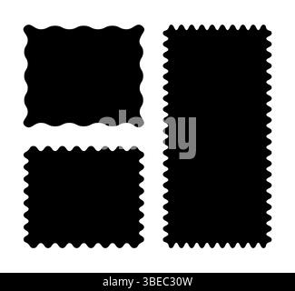 Einfache rechteckige Muster mit schnörkeligen Rändern. Flache Bilder mit Wellenkurven. Trendige schwarze Tags, leere Textfelder, Etiketten, Stempel, Cracker, Coupons Stock Vektor