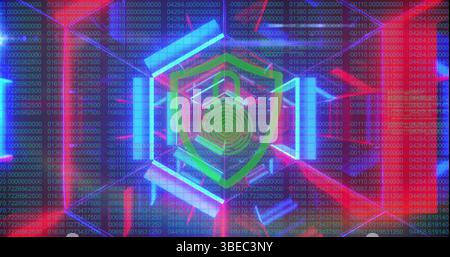 Sicherheitsvorhängeschloss über Schild-Symbol gegen Neontunnel gegen Datenverarbeitung Stockfoto