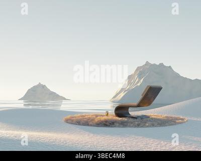 Restauratives Escape-Konzept. Surrealer Ort im Winter mit flauschigem Teppich und hölzernem Loungesessel. Metaverse Champagner romantisches Relax Spa. 3D-Rendering. Stockfoto