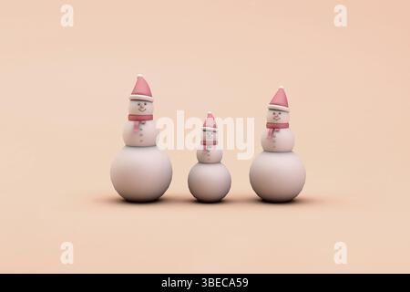 Schneemannsfamilie mit Schal und Hut in rosa Farben. Schneesymbol für Weihnachten. Minimales 3D-Rendering. Hochwertige 3D-Illustration Stockfoto