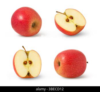 Set von roten Äpfeln und einer Hälfte isoliert. Rosafarbener Apfel und eine Hälfte isoliert. Stockfoto