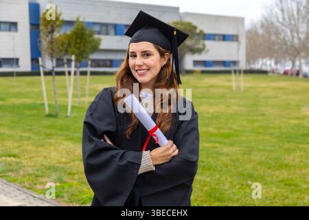 Porträt einer jungen Frau, die ihren Abschluss feiert und ihr Diplom mit überkreuzten Armen, Lächeln und einem Abschlusskleid und einer Mütze trägt Stockfoto
