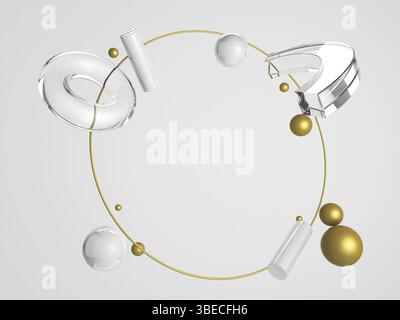 3D-Renderprimitivkomposition. Fliegende Formen in Bewegung auf weißem Hintergrund. Gold und Silber Stockfoto