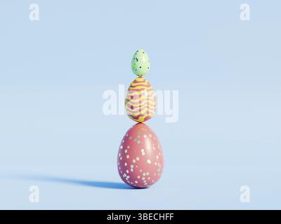 Drei bunte Ostereier, die auf blauem Hintergrund balancieren. 3d die CGI des Frühlings festlich machen. Hochwertige 3D-Illustration Stockfoto