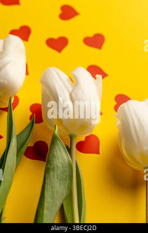 Drei frische und schöne weiße Tulpen auf gelbem Papier mit roten Herzen, roten Herzen und weißen Tulpenblüten auf gelbem Papier Stockfoto