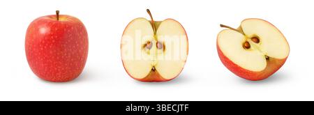 Rote Äpfel und die Hälfte in einer Reihe isoliert. Sammlung von rosafarbenem Apfel und einer Hälfte. Stockfoto