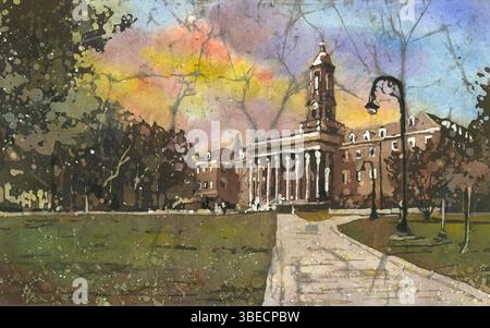 Penn State Old Main Campus Architektur Aquarell Batikgeschenk für Alumni Universität Wandkunst Landschaftsmalerei Stockfoto