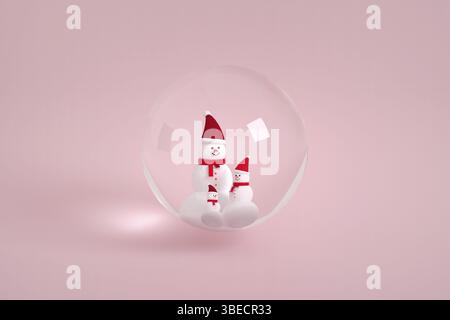 Schneemannsfamilie mit Schal und Hut in rosa Farben. Schneesymbol für Weihnachten. Minimales 3D-Rendering. Hochwertige 3D-Illustration Stockfoto