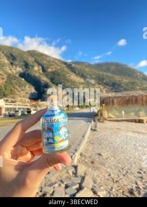 Der faszinierende Blick auf Oludeniz in Fethiye, Türkei. Türkisfarbenes Wasser, üppige grüne Natur und eine ruhige Atmosphäre. Stockfoto
