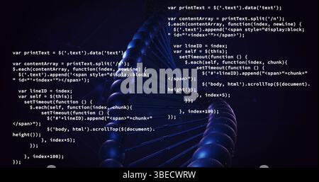 Bild der dna, die sich über die Datenverarbeitung dreht, auf schwarzem Hintergrund Stockfoto