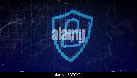 Sicherheitsvorhängeschloss-Schild-Symbol über Netzwerk von Verbindungen vor blauem Hintergrund Stockfoto