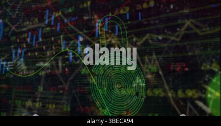 Sicherheitsvorhängeschloss-Symbol und Verarbeitung von Finanzdaten vor schwarzem Hintergrund Stockfoto