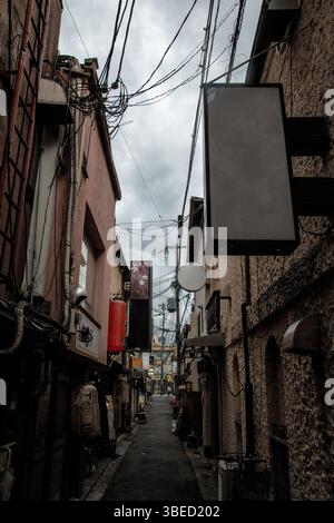 Enge Seitenstraße im historischen Viertel von Kyoto, gesäumt von traditionellen Ladenschildern und Versorgungsleitungen unter bewölktem Himmel Stockfoto