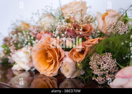 Nahaufnahme von Peach und Pink Roses mit Baby's Atem und grünem Laub Stockfoto