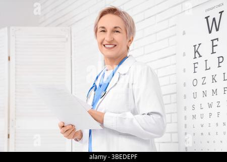 Glückliche reife Ärztin mit Stethoskop und Unterlagen in der Klinik Stockfoto