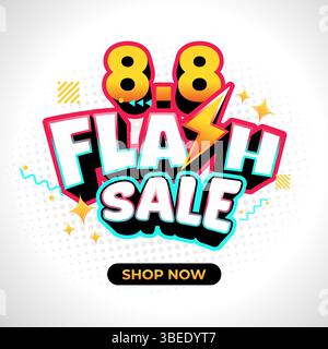 Großer, feiner und farbenfroher Text kündigt einen Flash-Verkauf für 8,8 an. Banner für Rabatte und Angebote Stock Vektor