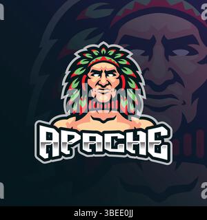 Apache Maskottchen-Logo mit modernem Illustrationskonzept für Abzeichen, Emblem und T-Shirt-Druck. Indische Stämme. Stock Vektor