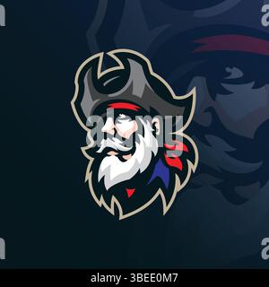 Captain Mascot-Logo mit modernem Illustrationskonzept für Abzeichen, Emblem und T-Shirt-Druck. Illustration der Captain Pirates. Stock Vektor