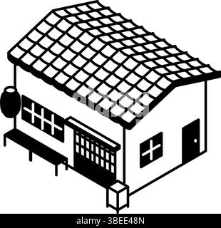 Taverne im japanischen Stil mit gekacheltem Dach und Schiebetür mit roter Retro-Laterne, isometrische Illustration einer einfachen schwarz-weißen Linienzeichnung, Vektor I Stock Vektor