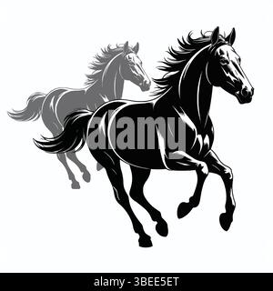 Elegantes Galoppierpferd in schwarzem Stil, ideal für Themen wie Geschwindigkeit, Freiheit, Nutztiere und ländliche Einrichtung. Stock Vektor