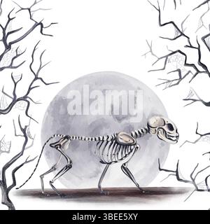 Halloween-Vorlage. Tierskelett. Gruselige Baumäste. Der Vollmond steigt im Hintergrund auf. Katzenskelett, das auf dem Boden läuft. Aquarell Stockfoto