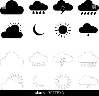 Wettersymbole festgelegt - Gliederung und feste Glyphen für Prognosen Stock Vektor