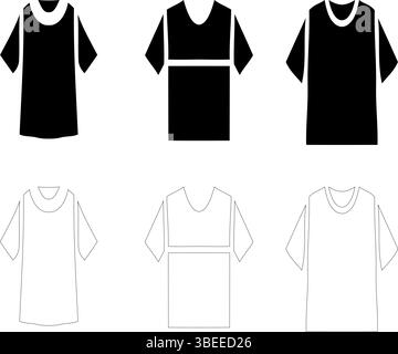 Set mit T-Shirt-Symbolen – Vektorgrafiken mit einfarbigen und konturierten Kleidungsstücken Stock Vektor