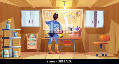 Superheld-Mann arbeitet in der Werkstatt - die Figur, die blaues Kostüm mit gelben Stiefeln trägt, steht neben der Werkzeugwand und hält den Jetpack. Reparieren Sie den Platz mit Motor, Schraubenschlüsseln und Säge, Schraubendreher auf der Leiterplatte. Stock Vektor