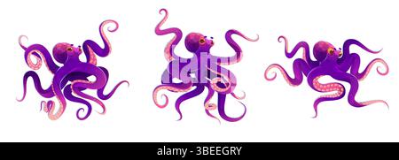 Cartoon-Krake mit lila Tentakeln - verspielte Meeresbewohner schwimmen, drehen und Wellen Arme. Meerestier mit lockigen Gliedmaßen und Saugnäpfen für Unterwasserabenteuer oder Illustrationen im Ozean. Stock Vektor