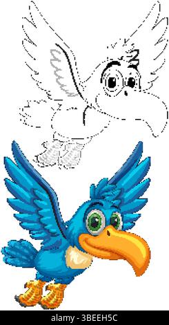 Lebendige Vektor-Illustration eines Nashornvogels im Flug. Enthält sowohl farbige als auch konturierte Versionen, die dynamische Ausdrucksformen und Details darstellen Stock Vektor