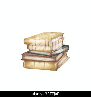 Eine Aquarellillustration mit ordentlich gestapelten Lehrbüchern, die den Geist des Lernens und der akademischen Leistung widerspiegeln. Stockfoto